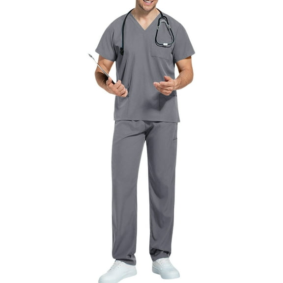 Domuza Scrub Set for Men Loose Fit V-Neck Short Sleeve Solid Color Top & Straight Leg Pants Soft Comfort Stretch Work Uniform with Pockets Gray L