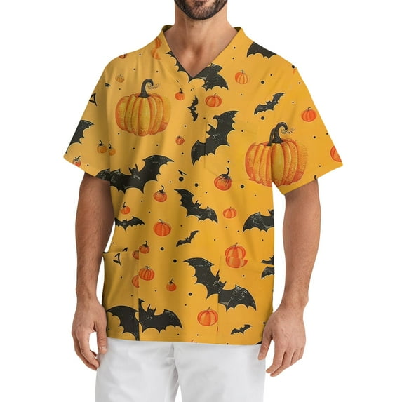 Domuza Scrub Shirts for Men Oversized V-Neck Short Sleeve Horror Funny Print Carer Top Comfort Soft Stretch Medical Workwear with Chest Pockets Yellow XL