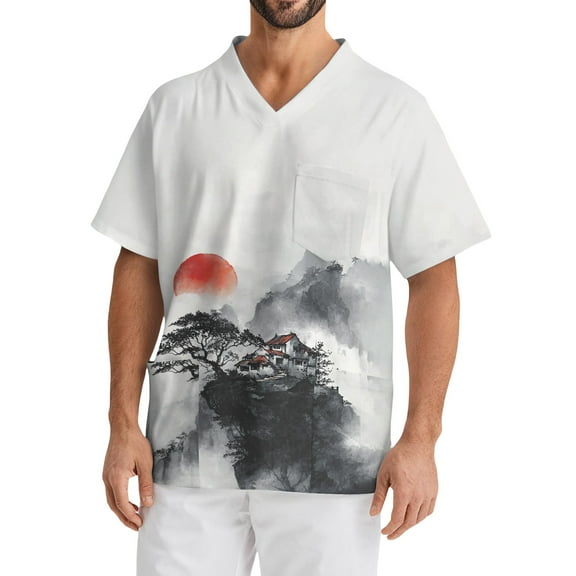 Domuza Scrub Shirts for Men Plus Size Short Sleeve V-Neck Medical Workwear Geometric Landscape Graphic Stretch T-Shirts Comfort Soft Nursing Top with Pockets White XXL