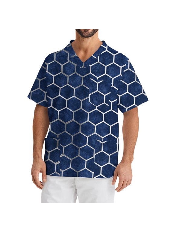 Scrub Shirts for Men Plus Size Short Sleeve V-Neck Working Uniform Geometric Landscape Graphic Stretch T Shirt Soft Comfort Nurse Tops with Pockets Sky Blue M