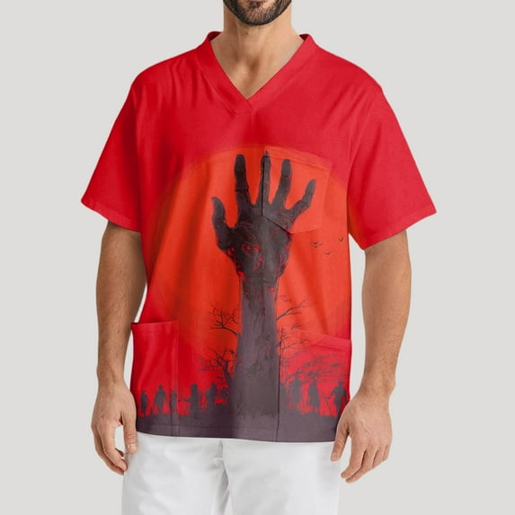 Domuza Scrub Shirts for Men Plus Size V Neck Short Sleeve Spooky Horror Print Nursing Top Comfort Soft Stretch Medical Workwear with Pockets Deep Red 4XL