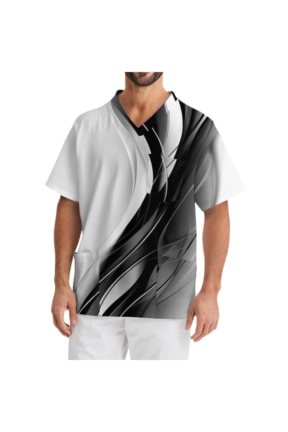 Scrub Shirts for Men Plus Size V-Neck Short Sleeve Working Uniform Gradient Striped Printed Stretch T Shirts Soft Comfort Nurse Tops with Pockets Black XL