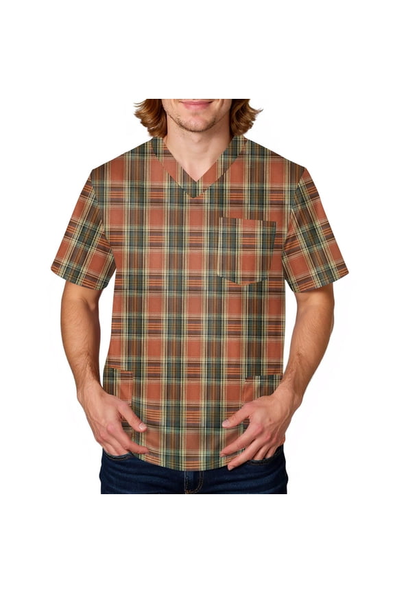 Scrub Shirts for Men Plaid Stripe Graphics V Neck Short Sleeve Working Uniform Plus Size Soft Comfy Medical Workwear with 3 Pockets Yellow 5XL