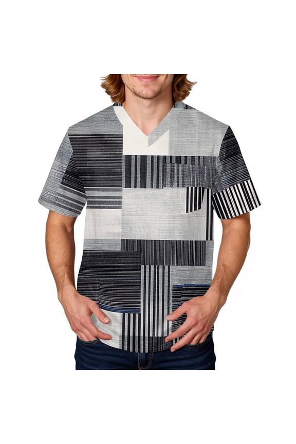 Scrub Shirts for Men Plaid Stripe Printed V Neck Short Sleeve Work Uniform Relaxed Fit Soft Comfy Medical Workwear with 3 Pockets White M