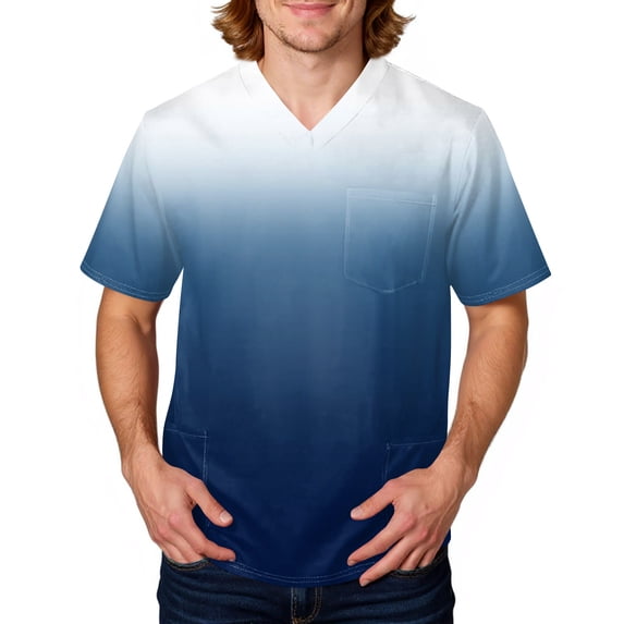 Domuza Scrub Top Men Gradient Tie-Dye V Neck Short Sleeve Working Uniform Relaxed Fit Soft Comfy Medical Scrub Tops with 3 Pockets White 4XL