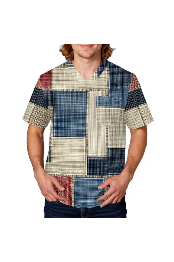 Scrub Top Men Plaid Stripe Graphics V Neck Short Sleeve Work Uniform Relaxed Fit Comfy Soft Medical Workwear with 3 Pockets Beige S