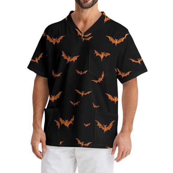 Domuza Scrub Top Men Plus Size V-Neck Short Sleeve Spooky Horror Print Carer Top Soft Comfort Stretch Working Uniform with Chest Pockets Black 5XL