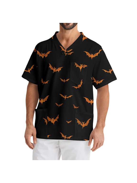 Scrub Top Men Plus Size V-Neck Short Sleeve Spooky Horror Print Carer Top Soft Comfort Stretch Working Uniform with Chest Pockets Black 5XL