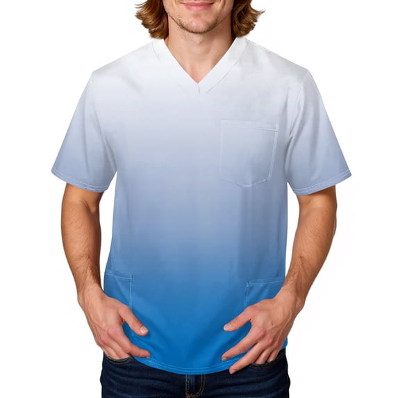Domuza Scrub Tops Men Gradient Tie-Dye Short Sleeve V Neck Work Uniform Loose Fit Comfy Soft Medical Scrub Tops with 3 Pockets Light Blue XL