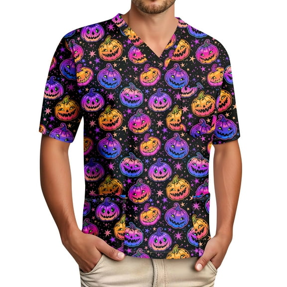 Domuza Scrub Tops Men Halloween Horror Funny Print Short Sleeve V Neck Nursing Shirt Stylish Soft Comfy Medical Uniforms with 3 Pockets Purple XXL