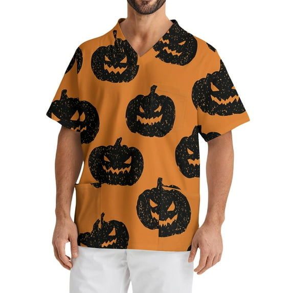 Domuza Scrub Tops Men Oversized V Neck Short Sleeve Spooky Funny Print Nurse Top Soft Comfort Elastic Working Uniform with Chest Pockets Ginger 3XL