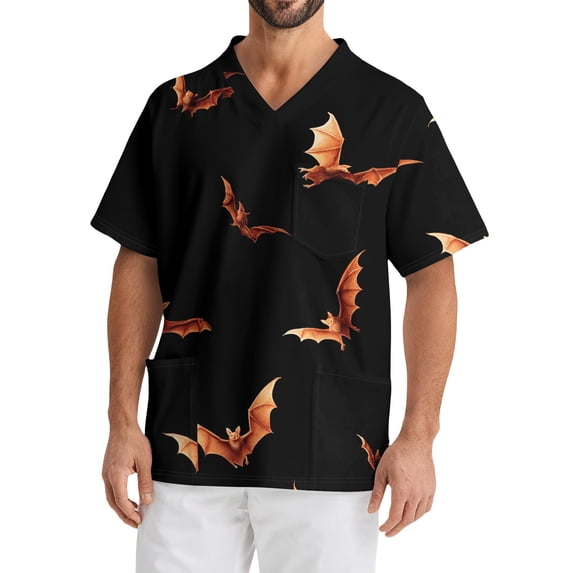 Domuza Scrub Tops Men Oversized V-Neck Short Sleeve Spooky Horror Print Carer Top Comfort Soft Elastic Working Uniform with Chest Pockets Light Brown S