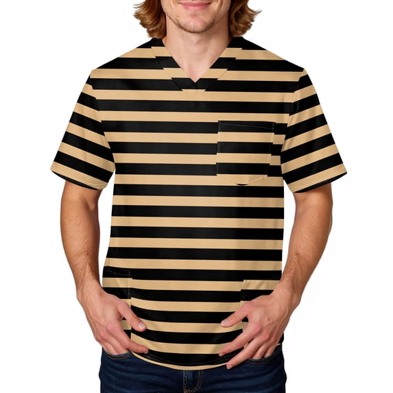 Domuza Scrub Tops Men Plaid Stripe Graphics Short Sleeve V Neck Carer Uniform Loose Fit Soft Comfy Medical Workwear with 3 Pockets Yellow 4XL