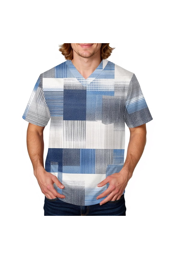 Scrub Tops Men Plaid Stripe Printed V Neck Short Sleeve Work Uniform Loose Fit Soft Comfy Medical Workwear with 3 Pockets Sky Blue 5XL