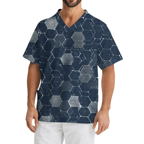 Domuza Scrub Tops Men Plus Size Short Sleeve V-Neck Medical Workwear Geometric Landscape Graphic Stretch T-Shirts Comfort Soft Nurse Tops with Pockets Royal Blue XL