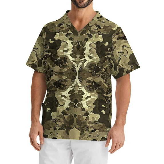 Domuza Scrub Tops Men Plus Size Short Sleeve V-Neck Work Uniform Camo Print Stretch T Shirt Soft Comfort Nursing Tops with Pockets Army Green XL