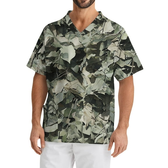 Domuza Scrub Tops Men Plus Size Short Sleeve V-Neck Working Uniform Camo Print Stretch T-Shirt Soft Comfort Nursing Top with Pockets Mint Green L
