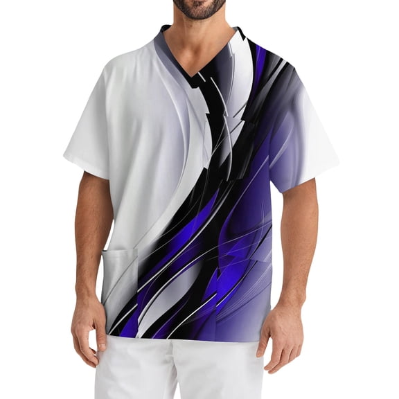 Domuza Scrub Tops Men Plus Size V-Neck Short Sleeve Medical Workwear Gradient Striped Printed Stretch T-Shirt Soft Comfort Nursing Tops with Pockets Purple L