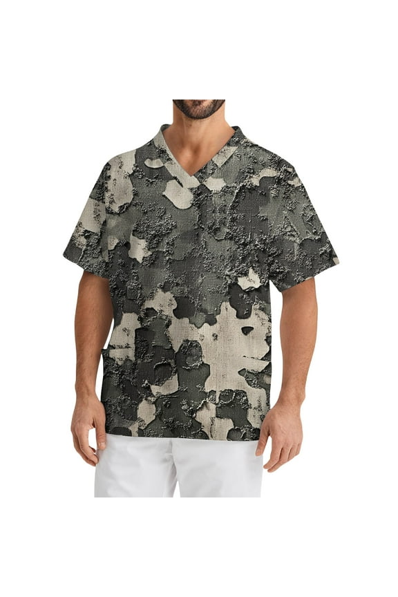 Scrub Tops Men Plus Size V-Neck Short Sleeve Nurse Uniform Camo Printed Stretch T Shirts Comfort Soft Nursing Tops with Pockets Dark Green XXXXL