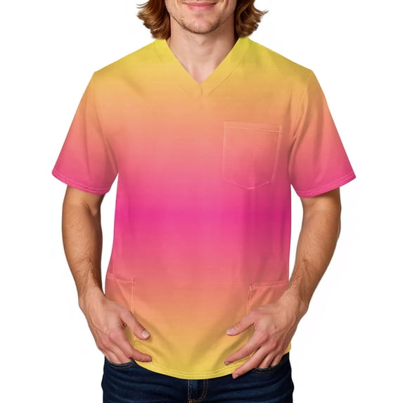 Domuza Scrub Tops Men Tie-Dye Gradient V Neck Short Sleeve Caregiver Uniform Plus Size Soft Comfy Medical Scrub Tops with 3 Pockets Pink M