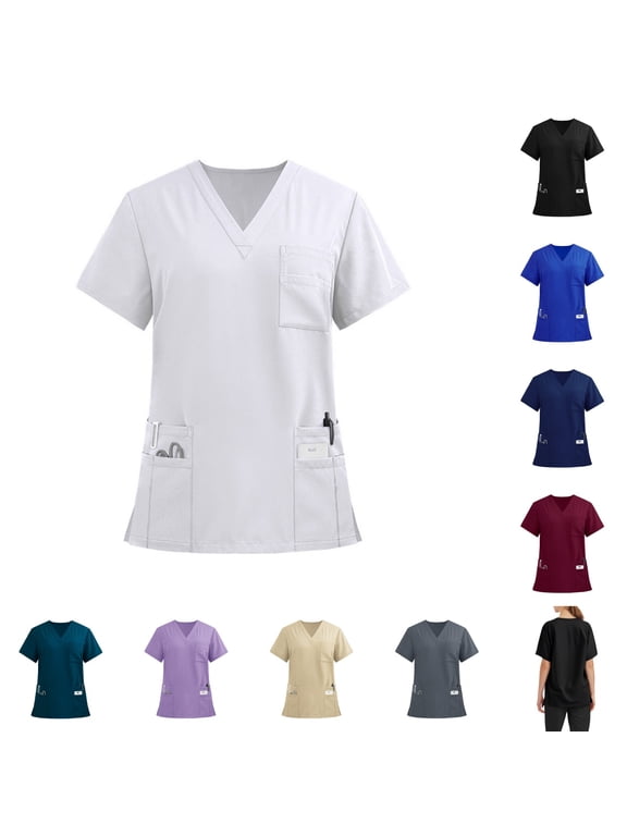 Scrub Tops Women Casual Soft Stretchy Short Sleeve V-Neck T-Shirts Breathable Comfort Nurse Uniforms Top with Multiple Pocket White S