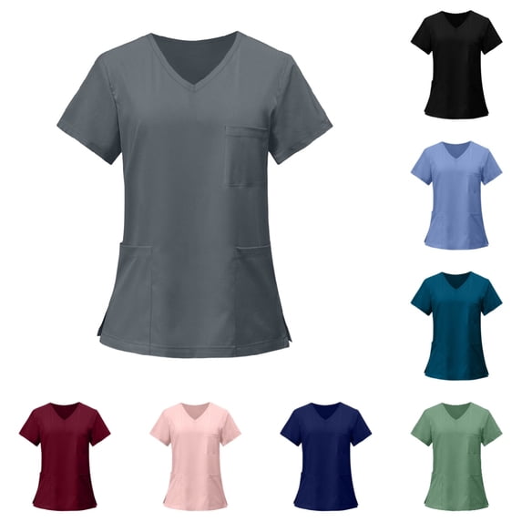 Domuza Scrub Tops Women Casual Soft Stretchy Short Sleeve V-Neck T Shirts Breathable Comfy Nurse Uniforms Tops with Multiple Pocket Gray 2XL