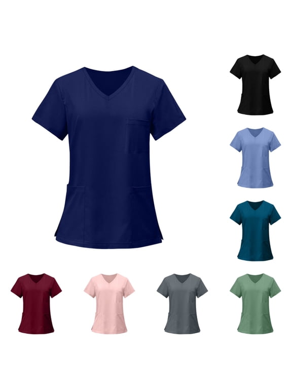 Scrub Tops for Women Casual Soft Stretchy Short Sleeve V Neck Tee Shirts Breathable Comfortable Nurse Uniforms Top with Multiple Pocket Navy 5XL