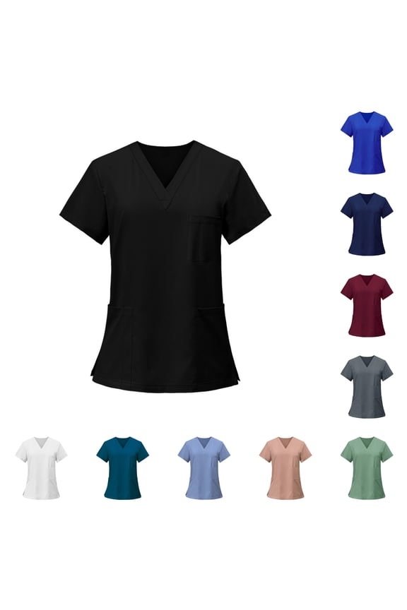 Scrub Tops Women Casual Soft Stretchy Short Sleeve V Neck Tee Shirts Breathable Comfortable Nurse Uniforms Top with Multiple Pocket Black XXL