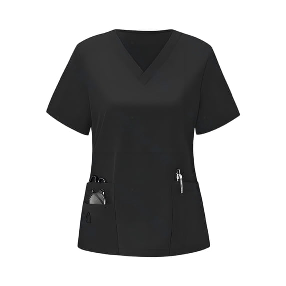 Domuza Scrub Tops Women Casual Soft Stretchy Short Sleeve V-Neck Tshirts Breathable Comfortable Nurse Uniforms Blouses with Multiple Pocket Black S