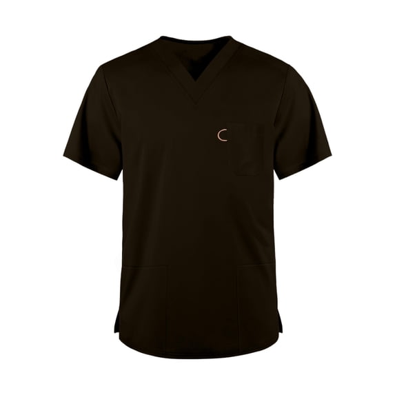 Domuza Scrub Tops for Men - Classic V-Neck Short Sleeve Top with Multiple Pockets, Side Slits Brown 2XL