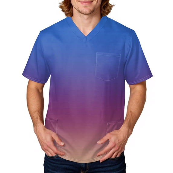 Domuza Scrub Tops for Men Gradient Tie-Dye Short Sleeve V Neck Work Uniform Loose Fit Comfy Soft Medical Scrub Tops with 3 Pockets Blue L
