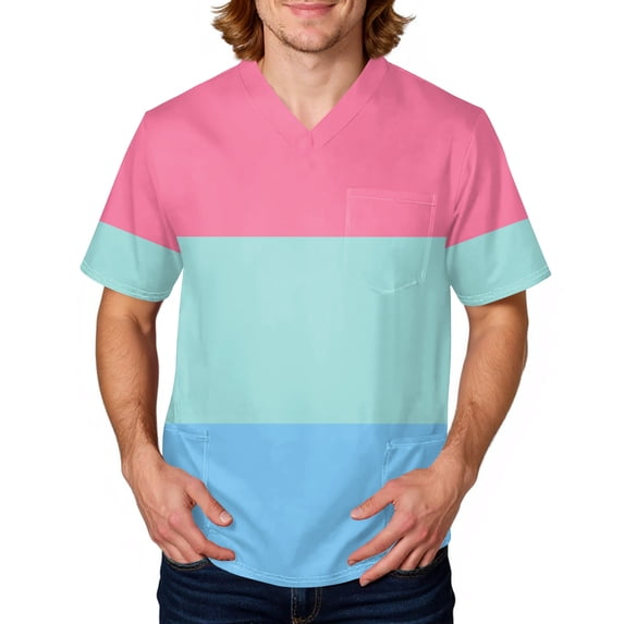 Domuza Scrub Tops for Men Gradient Tie-Dye V Neck Short Sleeve Nursing Uniform Relaxed Fit Soft Comfy Medical Scrub Tops with 3 Pockets Light pink XL
