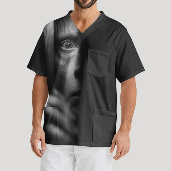 Domuza Scrub Tops for Men Oversized V-Neck Short Sleeve Horror Novelty Print Caregiver Top Comfort Soft Elastic Working Blouse with Pockets Gray 5XL
