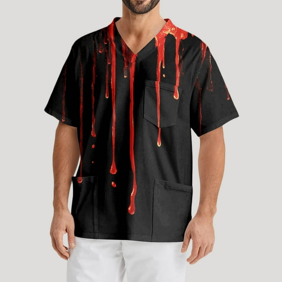 Domuza Scrub Tops for Men Plus Size V-Neck Short Sleeve Spooky Horror Print Nursing Top Soft Comfort Stretch Medical Workwear with Pockets Black M
