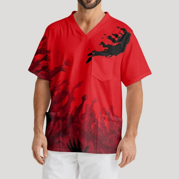 Domuza Scrub Tops for Men Plus Size V Neck Short Sleeve Spooky Novelty Print Nurse Top Comfort Soft Stretch Working Blouse with Pockets Red XXL