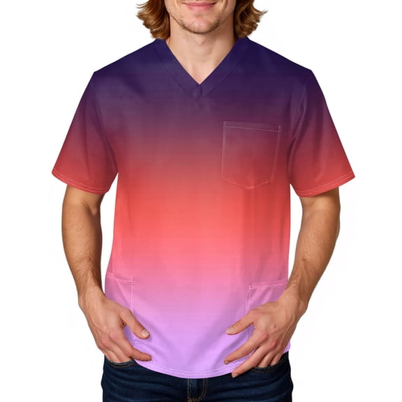 Domuza Scrub Tops for Men Tie-Dye Gradient V Neck Short Sleeve Carer Uniform Relaxed Fit Soft Comfy Medical Scrub Tops with 3 Pockets Purple 2XL