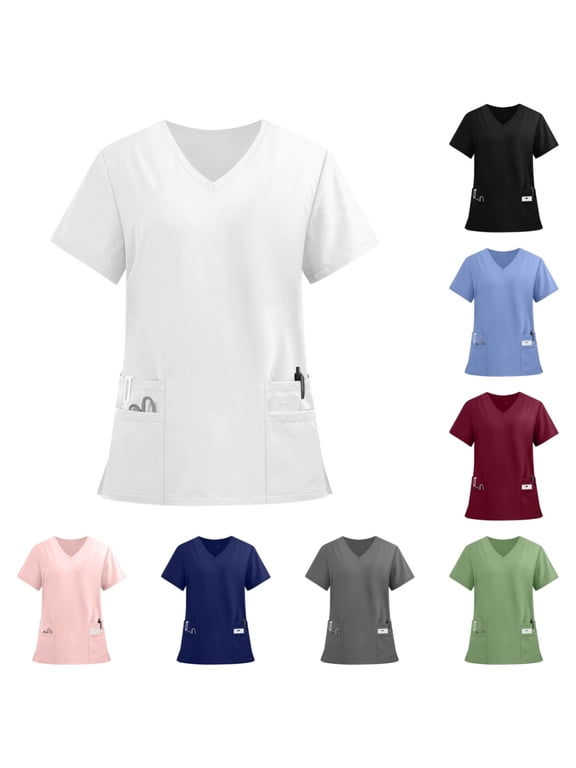 Scrub Tops for Women Casual Soft Stretchy Short Sleeve V Neck T-Shirts Breathable Comfortable Nurse Uniforms Tops with Multiple Pocket White L