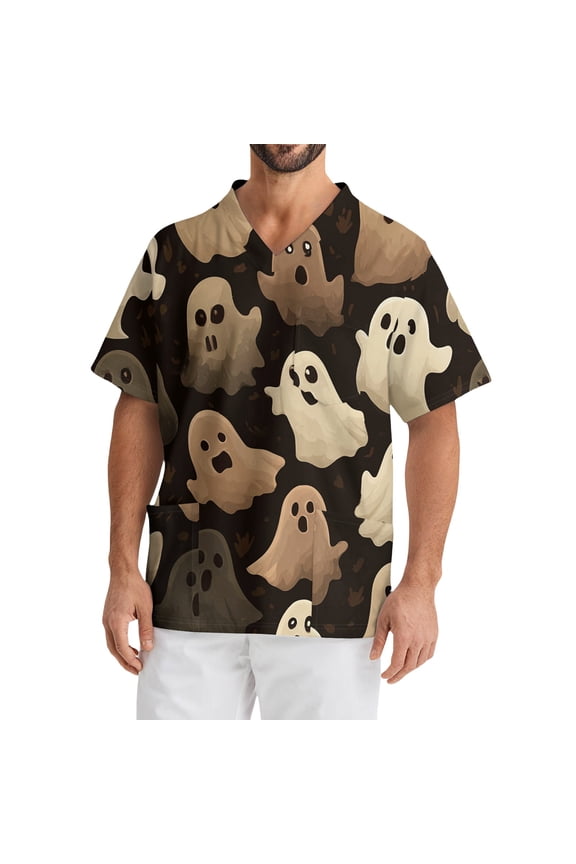 Scrubs for Men Top Oversized V Neck Short Sleeve Spooky Funny Print Nursing Top Comfort Soft Elastic Medical Workwear with Chest Pockets Khaki L