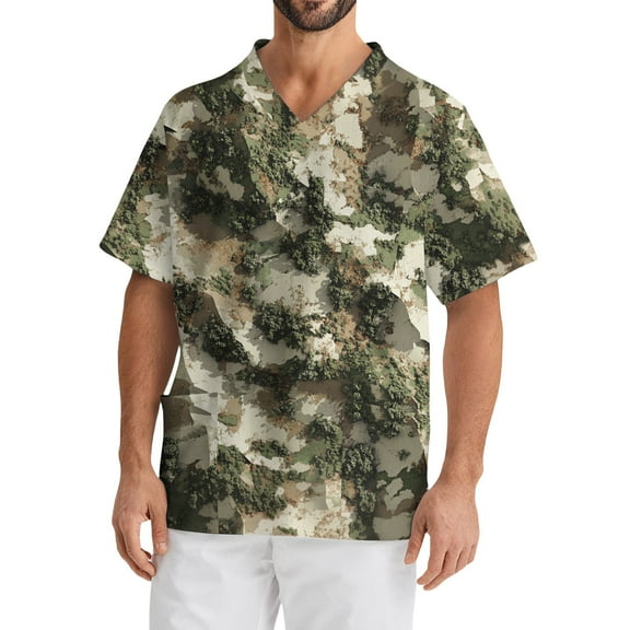 Domuza Scrubs for Men Top Plus Size Short Sleeve V-Neck Medical Workwear Camo Printed Stretch T Shirt Soft Comfort Nurse Tops with Pockets Green XXXXXL