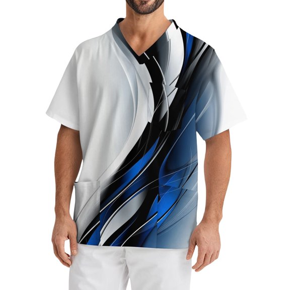 Domuza Scrubs for Men Top Plus Size Short Sleeve V-Neck Medical Workwear Gradient Striped Print Stretch T Shirts Comfort Soft Nurse Tops with Pockets Dark Blue XL