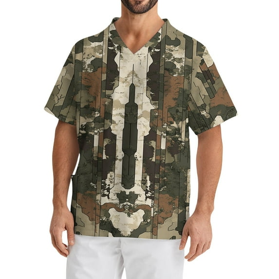 Domuza Scrubs for Men Top Plus Size Short Sleeve V-Neck Nurse Uniform Camo Print Stretch T Shirt Soft Comfort Caregiver Tops with Pockets Light Brown XXL