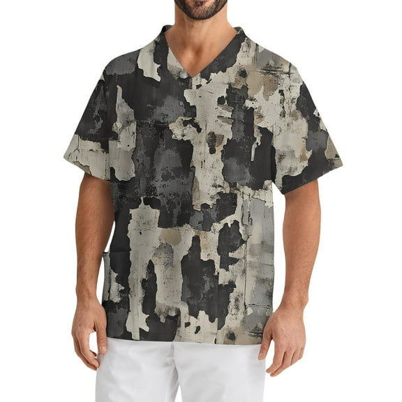 Domuza Scrubs Tops for Men Plus Size V-Neck Short Sleeve Medical Workwear Camo Print Stretch Tshirts Comfort Soft Nurse Tops with Pockets Light Gray XL