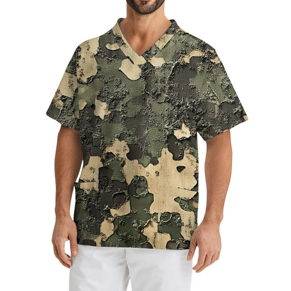 Domuza Scrubs Tops for Men Plus Size V-Neck Short Sleeve Medical Workwear Camo Printed Stretch T-Shirts Comfort Soft Nursing Top with Pockets Yellow XXXXL