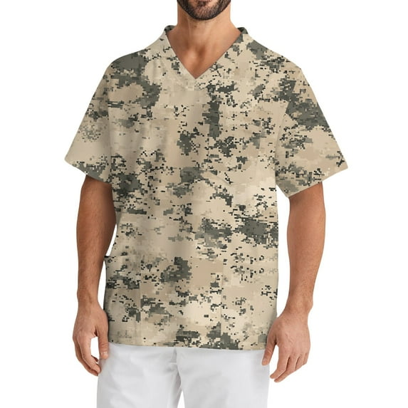 Domuza Scrubs Tops for Men Plus Size V-Neck Short Sleeve Work Uniform Camo Printed Stretch T-Shirt Soft Comfort Nursing Top with Pockets Khaki S