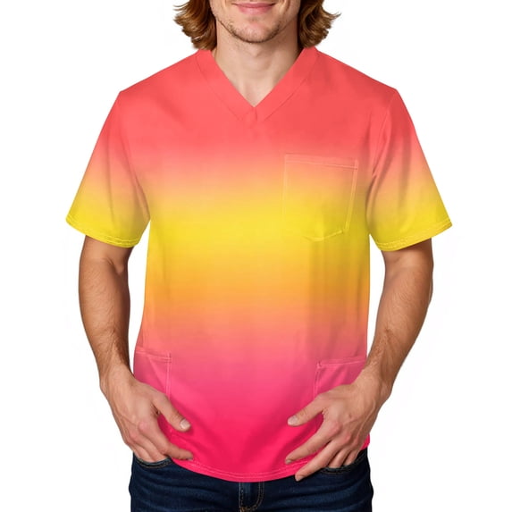 Domuza Scrubs for Men Top Gradient Tie-Dye Short Sleeve V Neck Nursing Uniform Big and Tall Soft Comfy Medical Scrub Tops with 3 Pockets Yellow XL