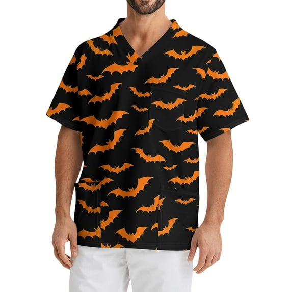 Domuza Scrubs for Men Top Oversized V-Neck Short Sleeve Spooky Novelty Print Carer Top Comfort Soft Stretch Working Uniform with Pockets Saffron L