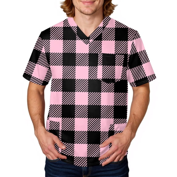 Domuza Scrubs for Men Top Plaid Stripe Graphics Short Sleeve V Neck Work Uniform Plus Size Comfy Soft Medical Scrub Tops with 3 Pockets Pink 3XL