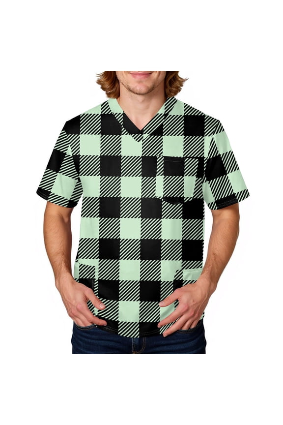 Scrubs for Men Top Plaid Stripe Printed V Neck Short Sleeve Work Uniform Relaxed Fit Comfy Soft Medical Workwear with 3 Pockets Green L
