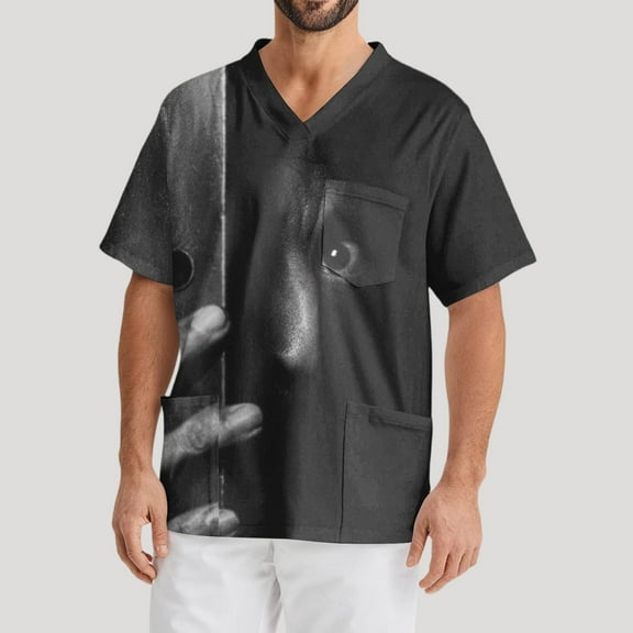 Domuza Scrubs for Men Top Plus Size V Neck Short Sleeve Horror Novelty Print Nurse Top Soft Comfort Elastic Working Blouse with Pockets Dark Gray 5XL