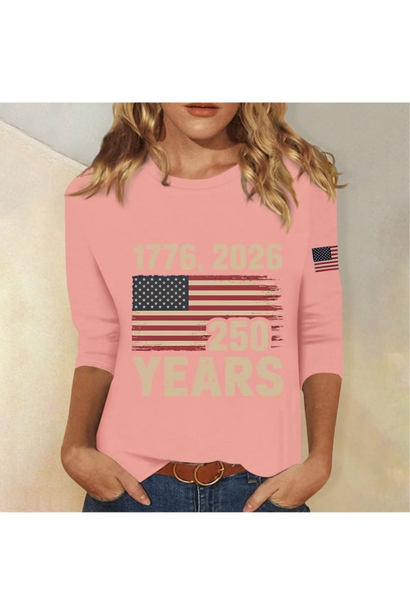 Shirt for Womens 250 Anniversary USA Shirt 3/4 Length Sleeve Tops Patriotic Graphic Tees Shirts Summer Tops 1776-2026 Watermelon Red L